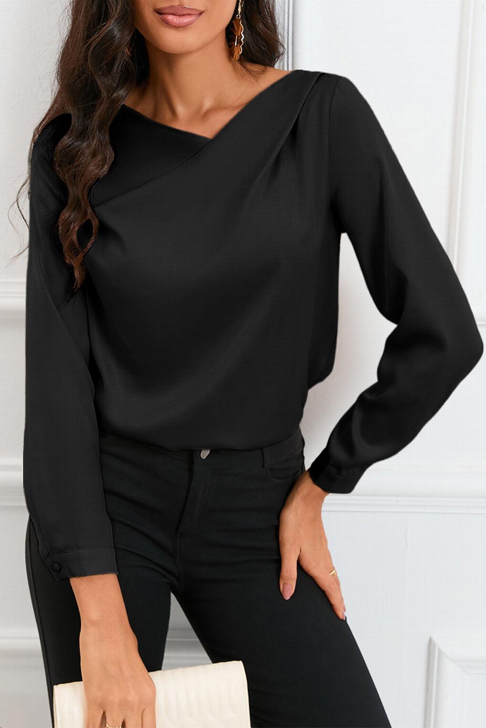 Solid Asymmetric V Neck Long Sleeve Satin Blouse - L & M Kee, LLC