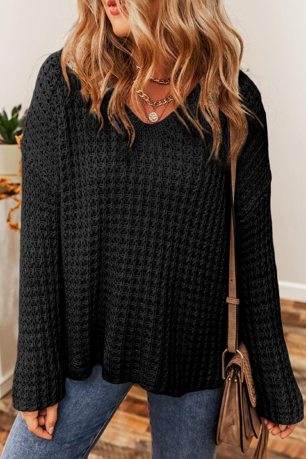 Black Hollow-out Crochet V Neck Sweater - L & M Kee, LLC