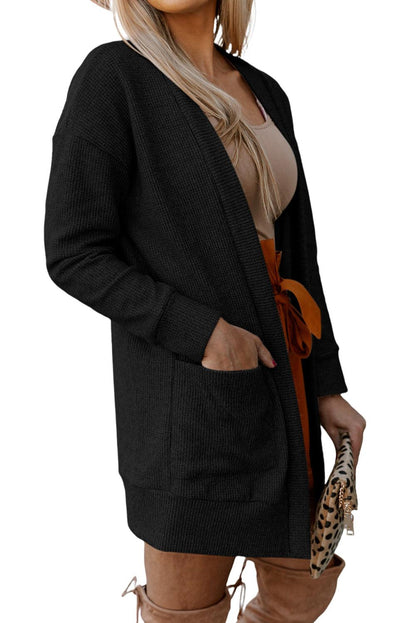 Beige Thermal Waffle Knit Pocketed Cardigan - L & M Kee, LLC