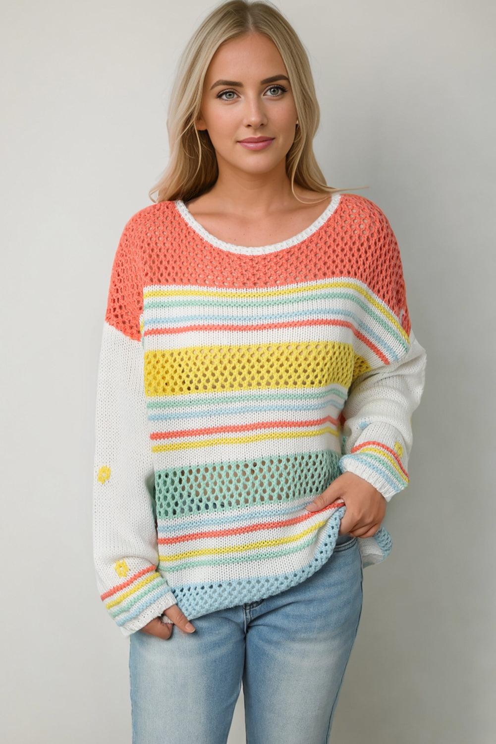 Multicolor Hollow Striped Knit Contrast Sleeve Sweater - L & M Kee, LLC