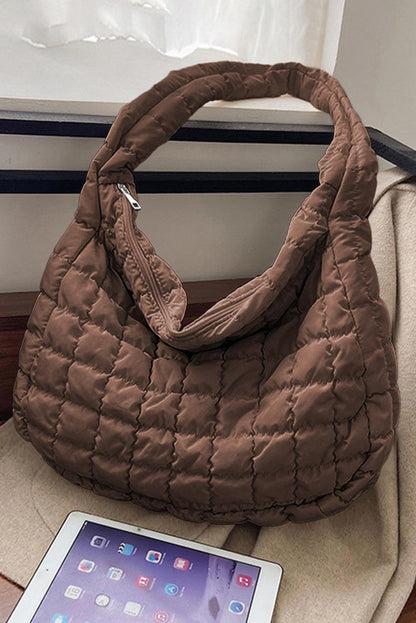 Coffee Quilted Zipper Large Shoulder Bag - L & M Kee, LLC