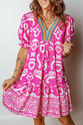 Rose Boho Mixed Print Contrast Trim V Neck Short Sleeve Flared Dress