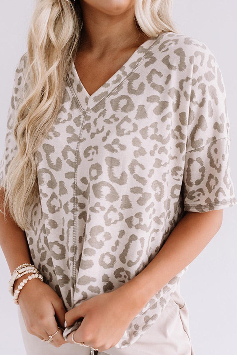 Brown Leopard Print V Neck Plus Size T Shirt - L & M Kee, LLC