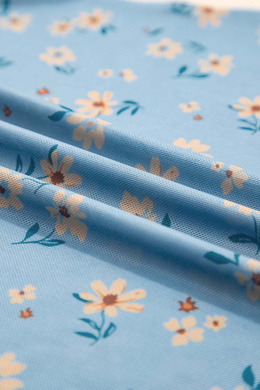 Sky Blue Vintage Floral Print Southern Style Mesh Long Sleeve Top