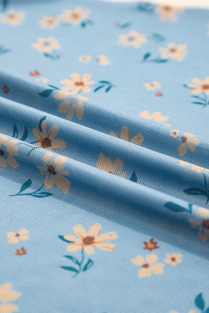 Sky Blue Vintage Floral Print Southern Style Mesh Long Sleeve Top