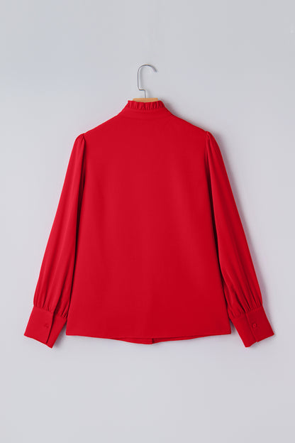 Fiery Red Frilled Trim Button Up Pleated Long Sleeve Shirt