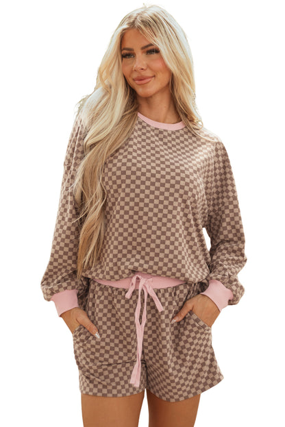 Brown Checkerboard Long Sleeve Pullover and Shorts Set