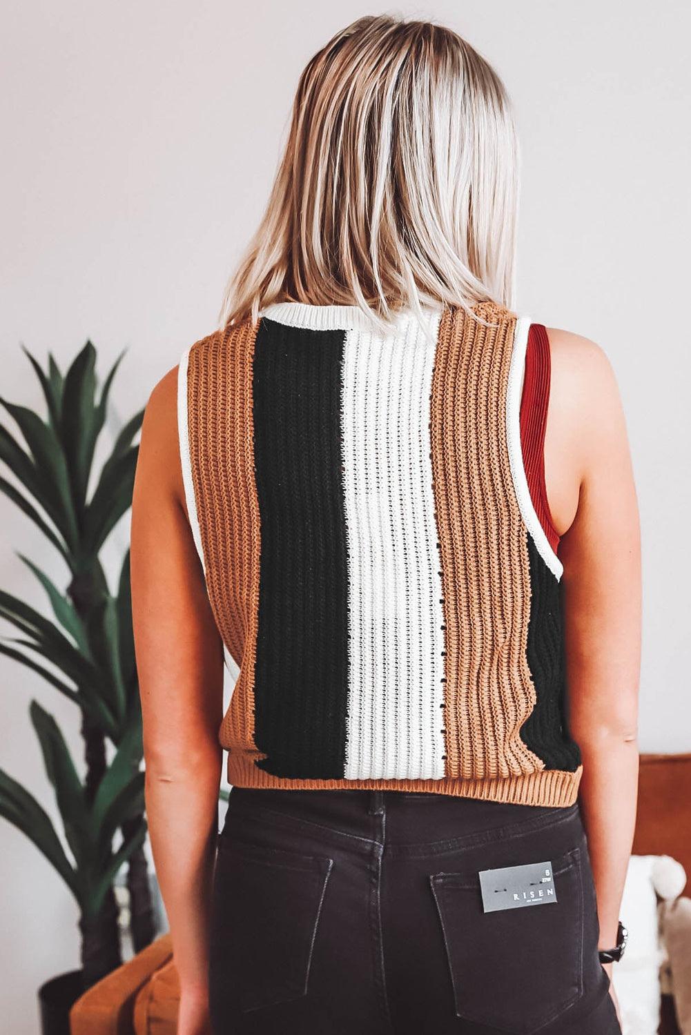 Khaki Stripe Color Block Sleeveless Knitted Sweater Vest - L & M Kee, LLC