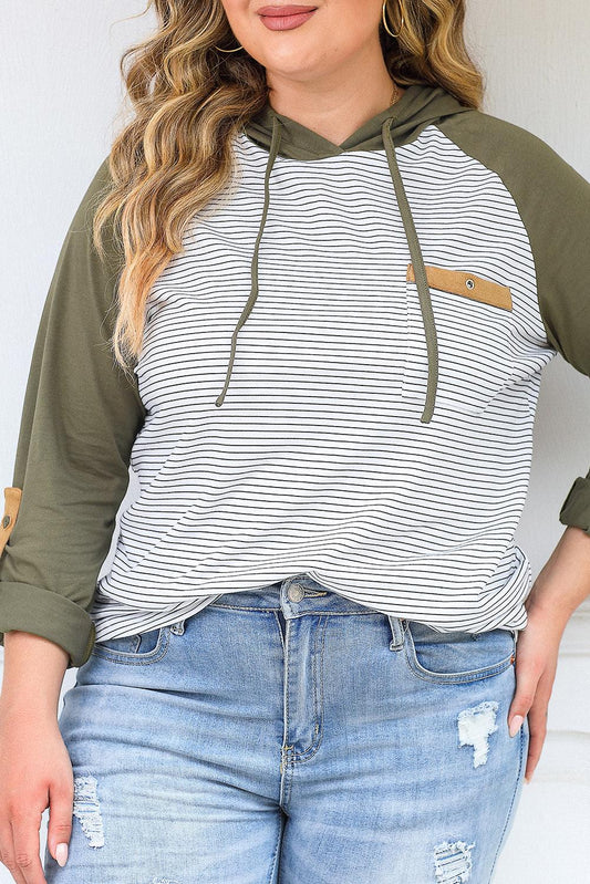 Green Striped Raglan Sleeve Buttoned Pocket Plus Size Hoodie - L & M Kee, LLC