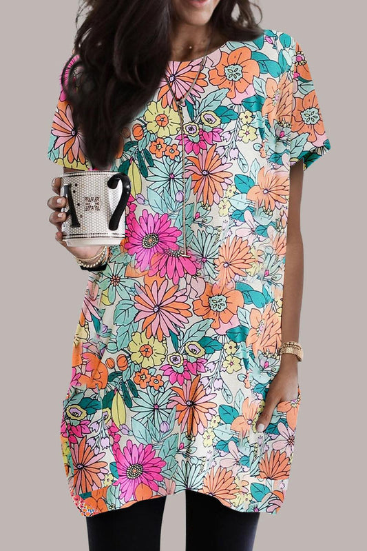 Multicolor Boho Flower Print Short Sleeve Tunic Top - L & M Kee, LLC