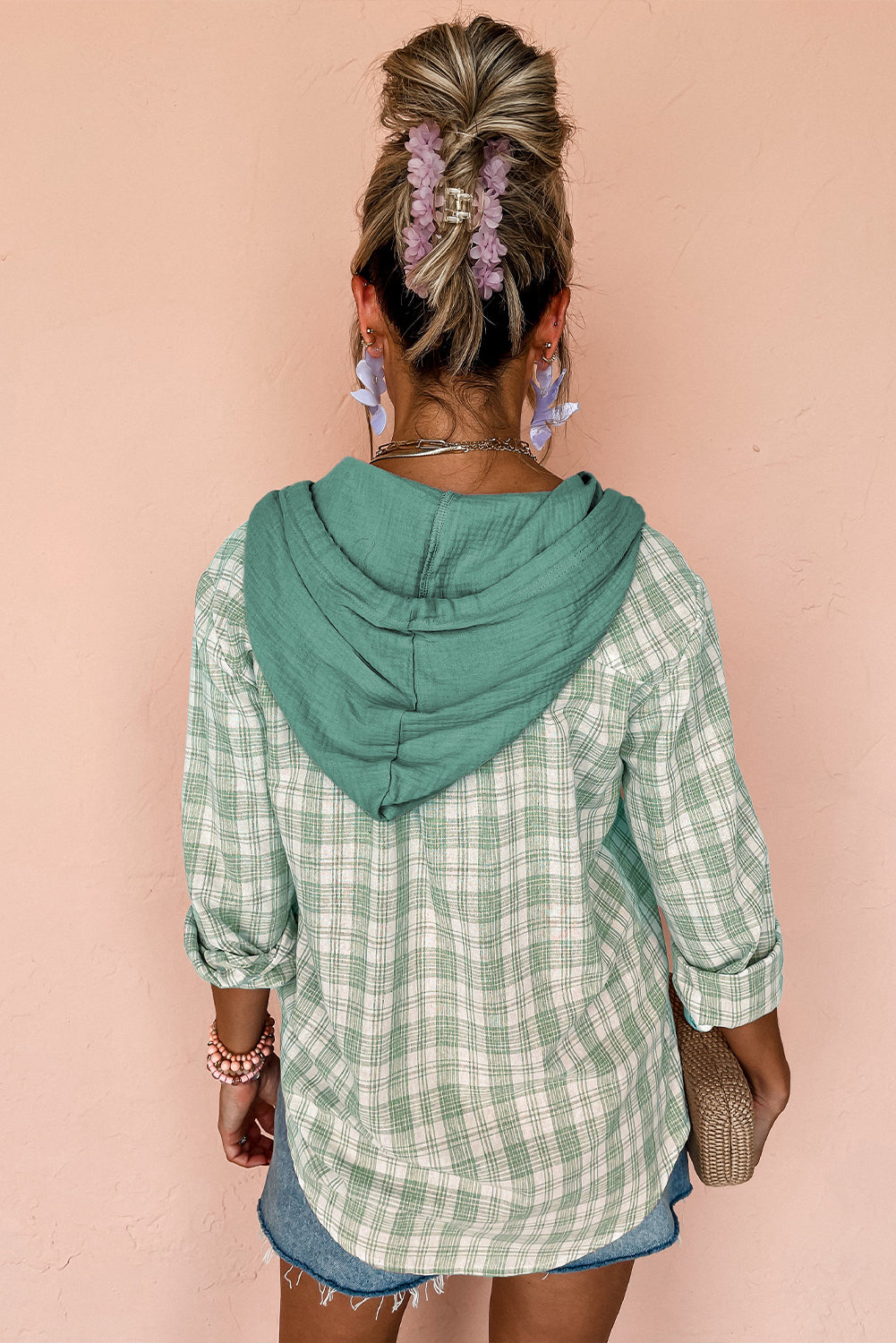 Black Checkered Print Loose Fit Buttoned Hooded Shacket