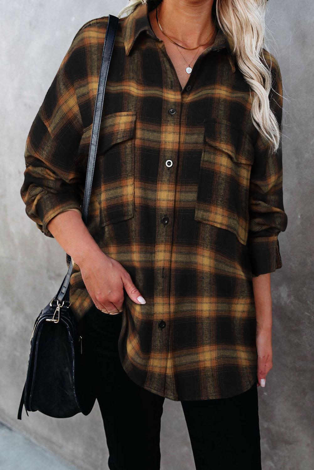 Brown Plaid Pattern Flap Pockets Casual Shirt - L & M Kee, LLC