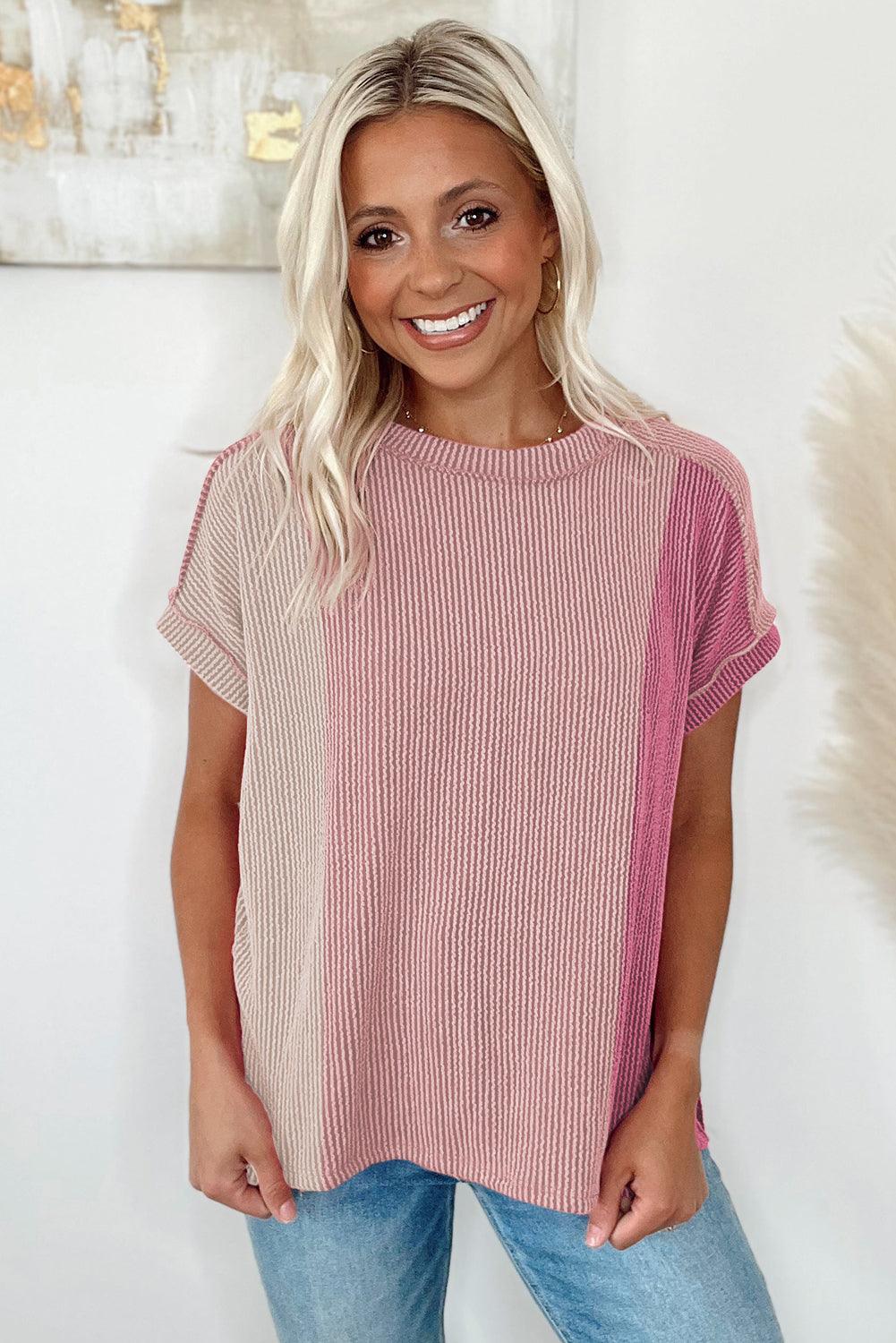 Pink Textured Colorblock Crew Neck T Shirt - L & M Kee, LLC