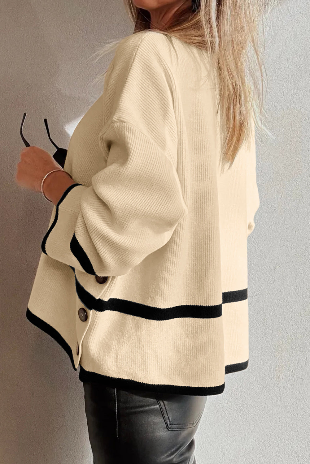 Beige Ribbed Knit Contrasted Stripe Detail Button Side Loose Sweater