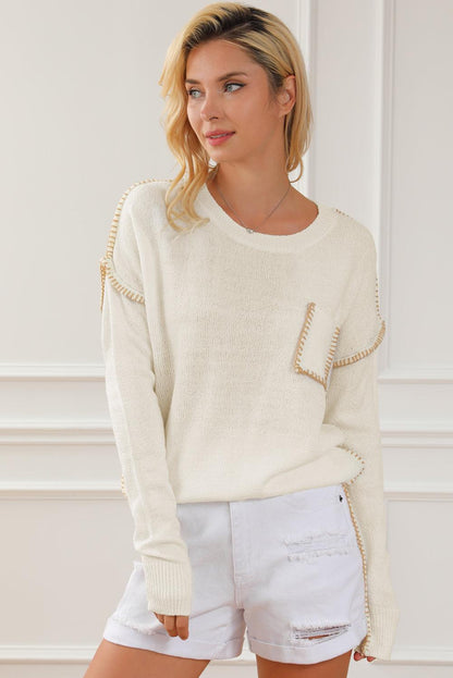 Beige Exposed Stitching Chest Pocket Drop Shoulder Sweater - L & M Kee, LLC