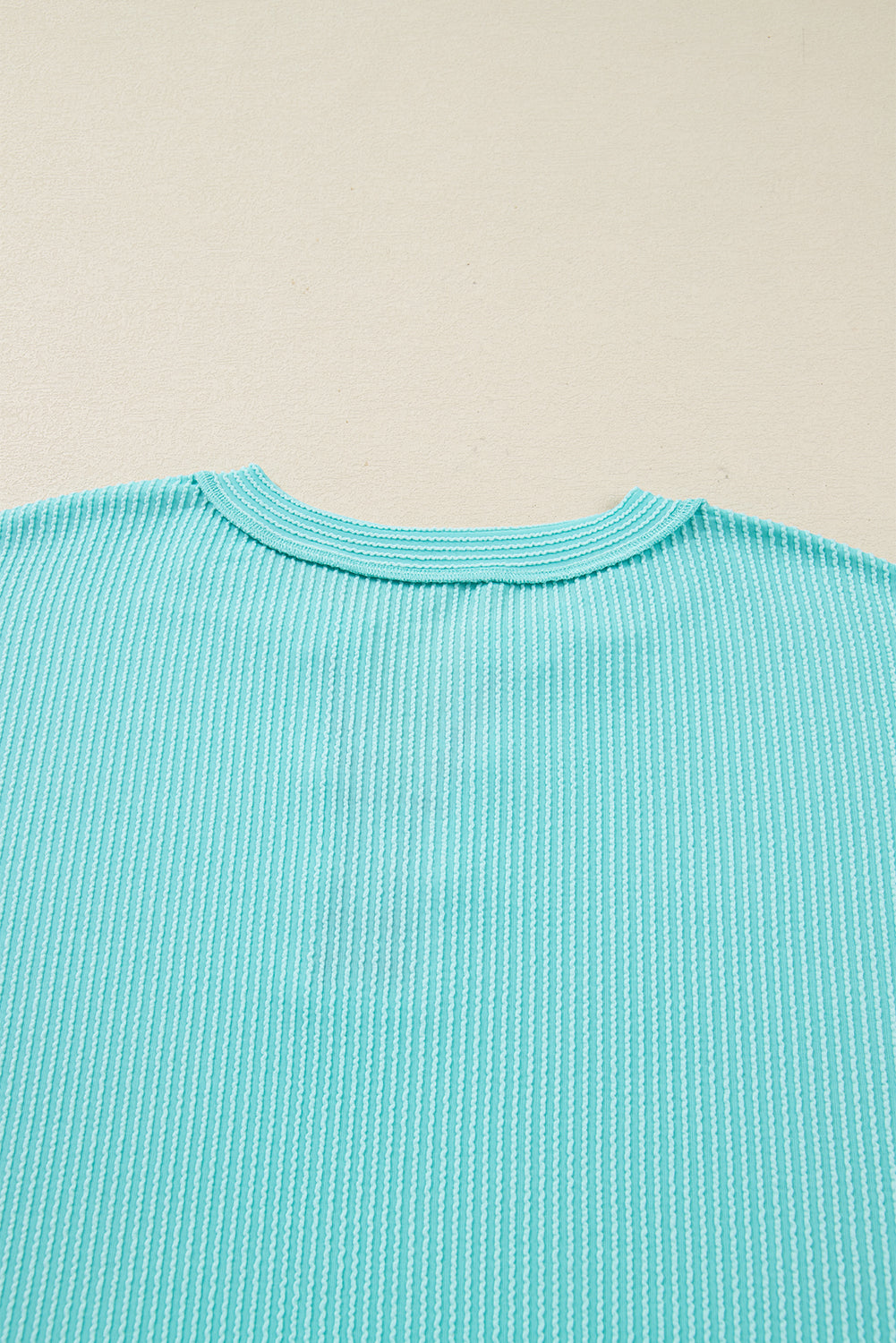 Aruba Blue Twist Ribbed Color Block Plaid Patchwork Plus Size Long Sleeve Top