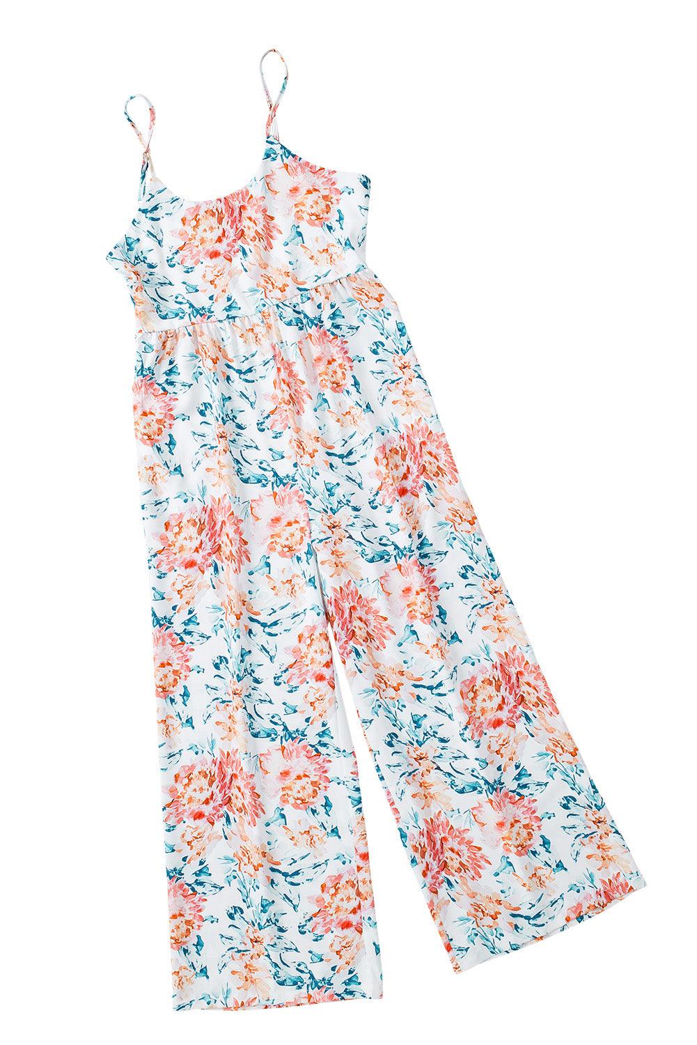 White Plus Size Floral Print Sleeveless Wide Leg Jumpsuit - L & M Kee, LLC