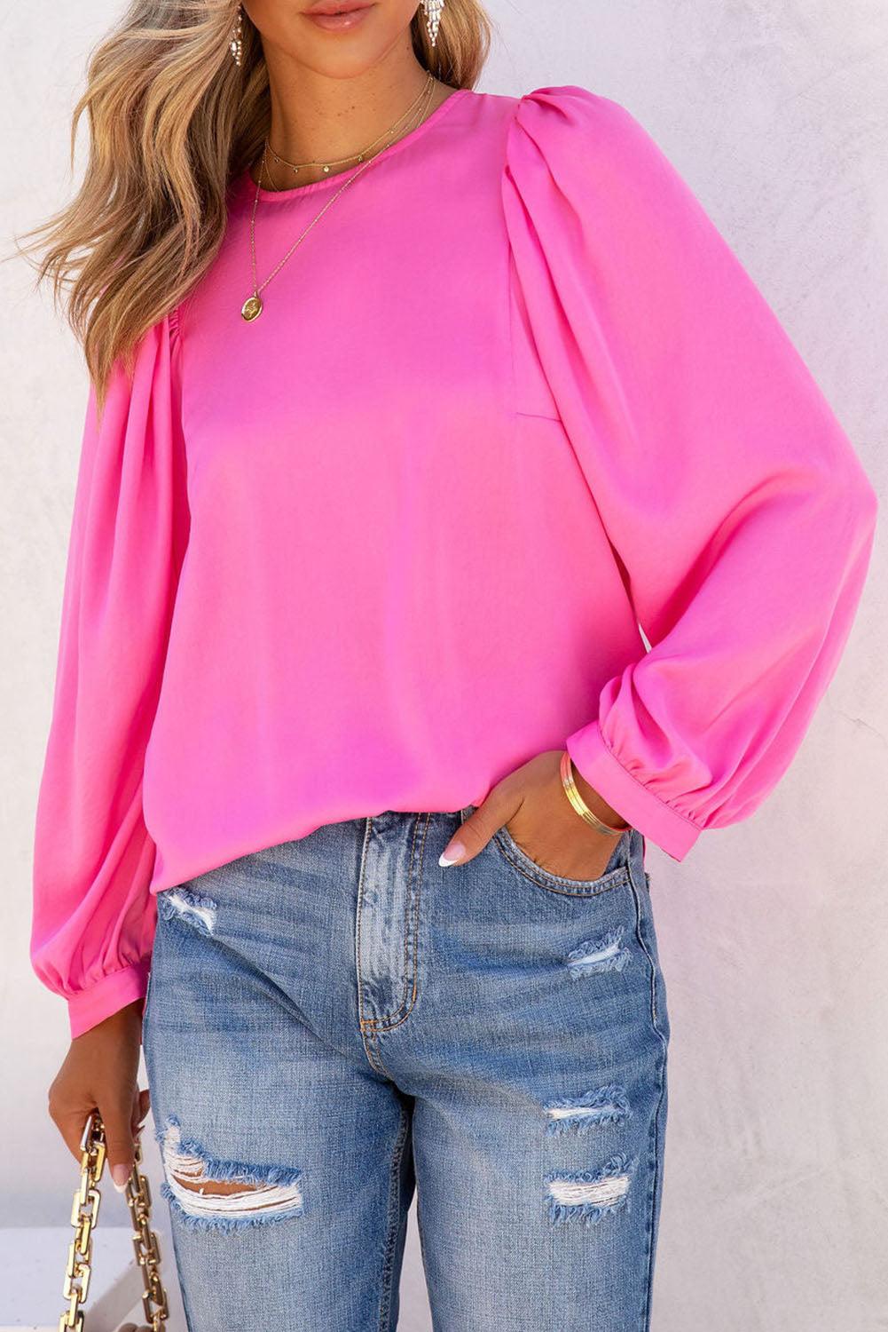 Satin Puff Long Sleeve Crewneck Blouse - L & M Kee, LLC