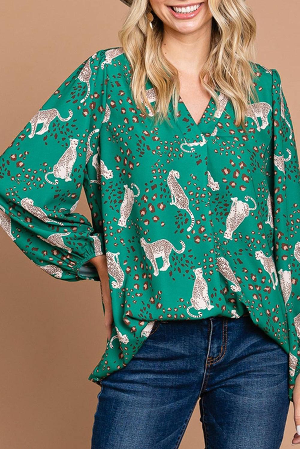 Green Printed Cheetah Print V Neck Flowy Blouse - L & M Kee, LLC