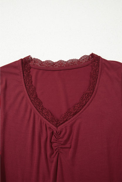 Smoke Gray Lace-trimmed Sweetheart Neckline Ruched Detail Long Sleeve T-shirt