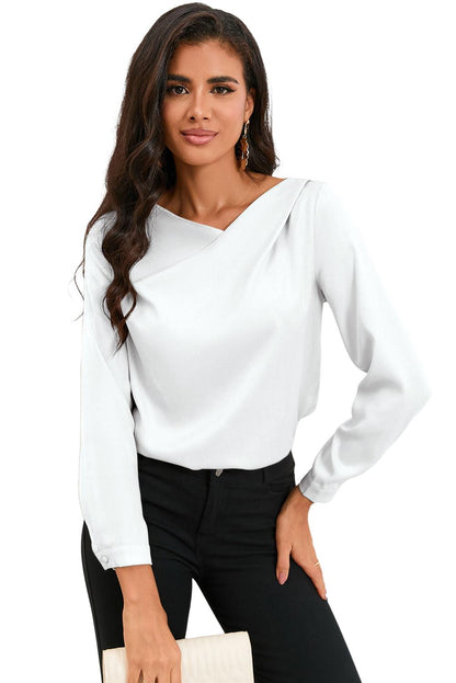 Solid Asymmetric V Neck Long Sleeve Satin Blouse - L & M Kee, LLC