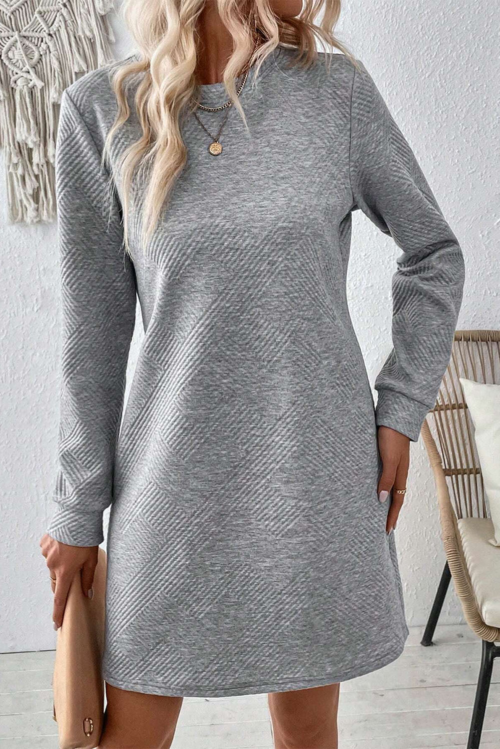 Black Solid Color Textured Long Sleeve Shift Dress