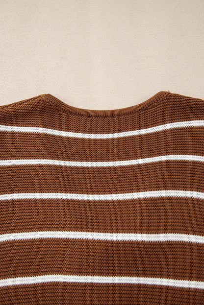 Chestnut Tie Front Striped Knit V Neck Cardigan Sweater