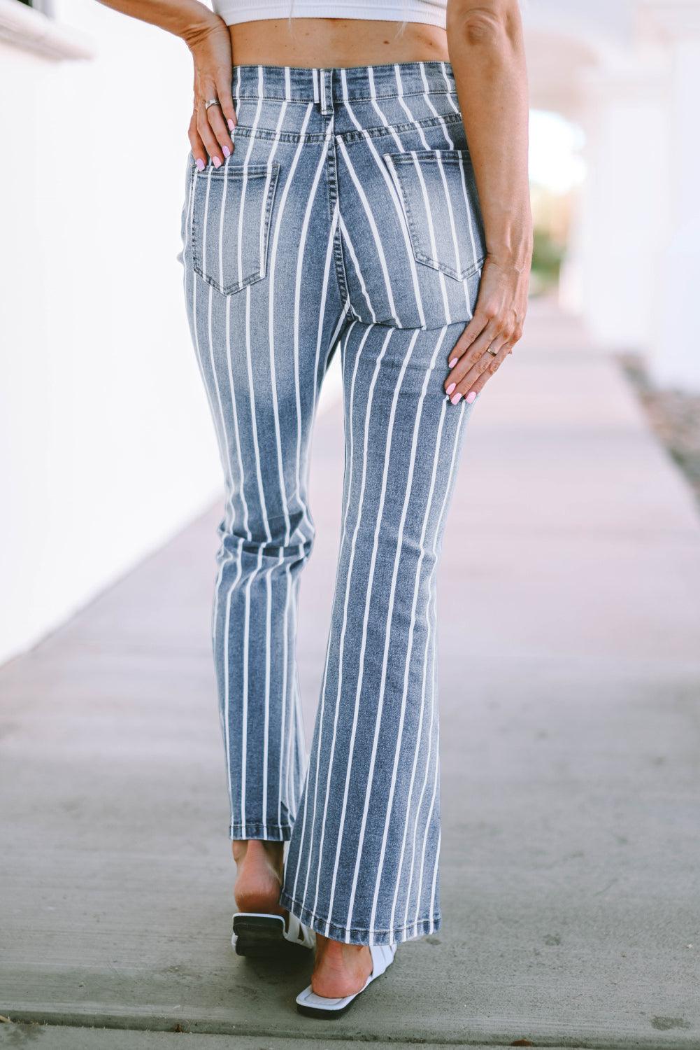 Vertical Striped Ripped Flare Jeans - L & M Kee, LLC