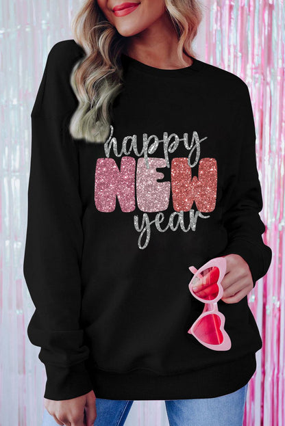 Black Glistening Happy New Year Graphic Sweatshirt - L & M Kee, LLC