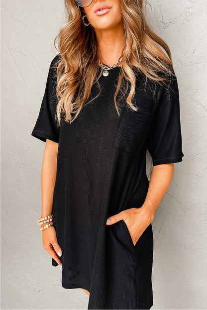 Black Waffle Knit T-shirt Dress with Pockets - L & M Kee, LLC