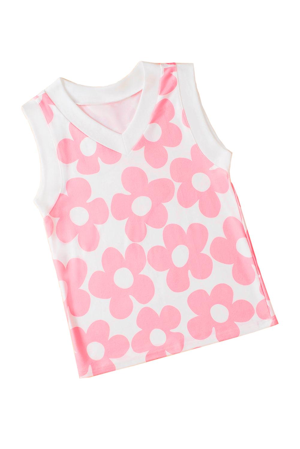 Pink Cute Flower Knitted V Neck Tank Top - L & M Kee, LLC