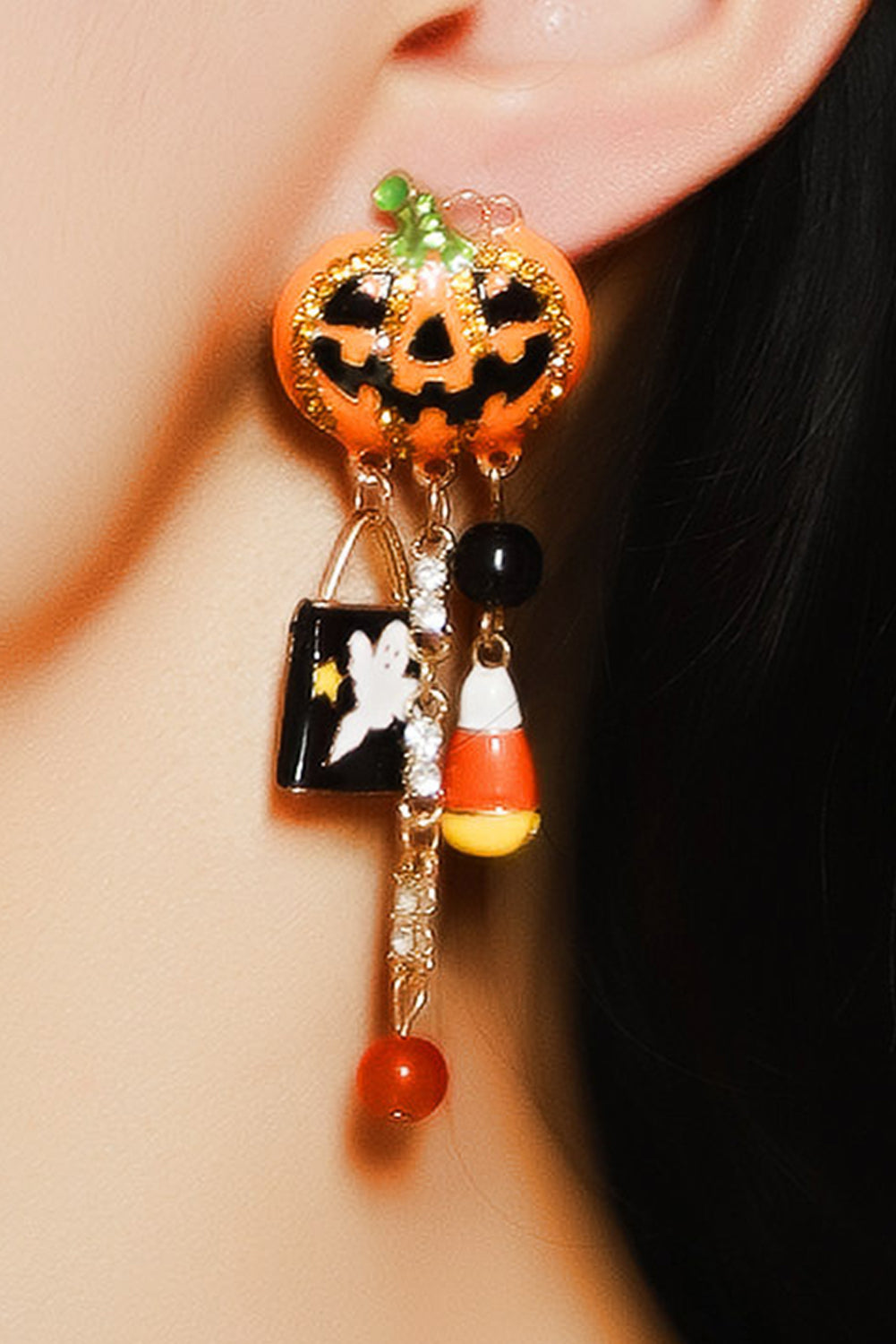 Orange Halloween Rhinestone Pumpkin Ghost Tassel Earrings