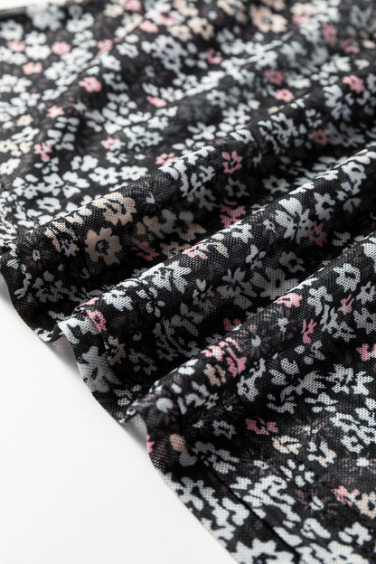 Black Ditsy Floral Mesh Thumbhole Sleeve Slim Fit Top