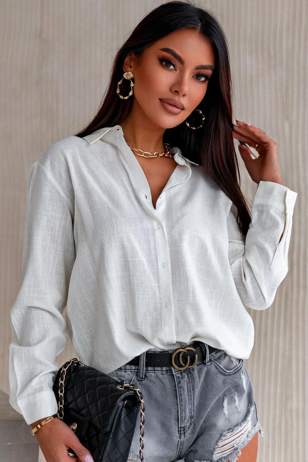 White Textured Solid Color Basic Shirt - L & M Kee, LLC