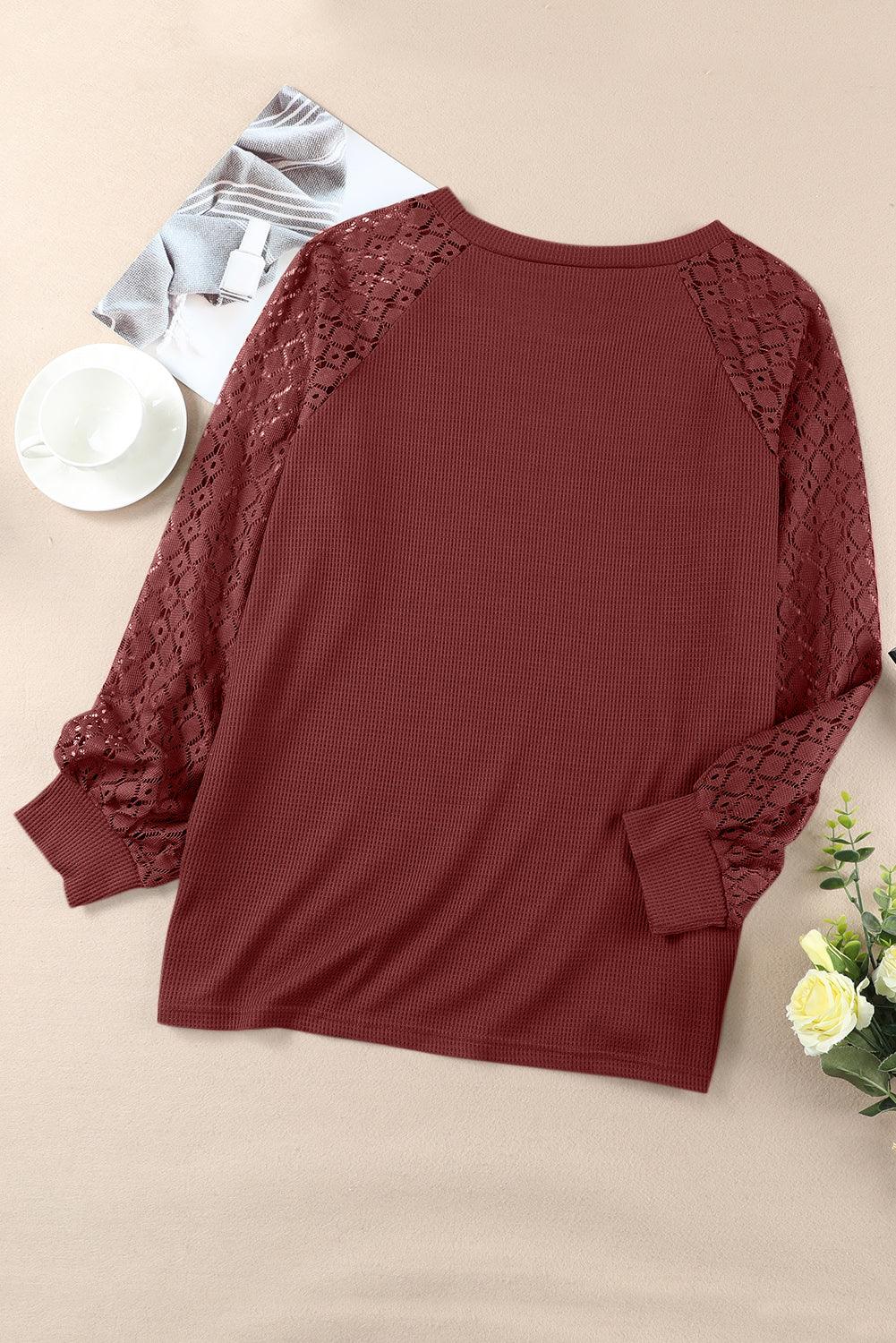 Red Plus Size Contrast Lace Sleeve Waffle Knit Top - L & M Kee, LLC