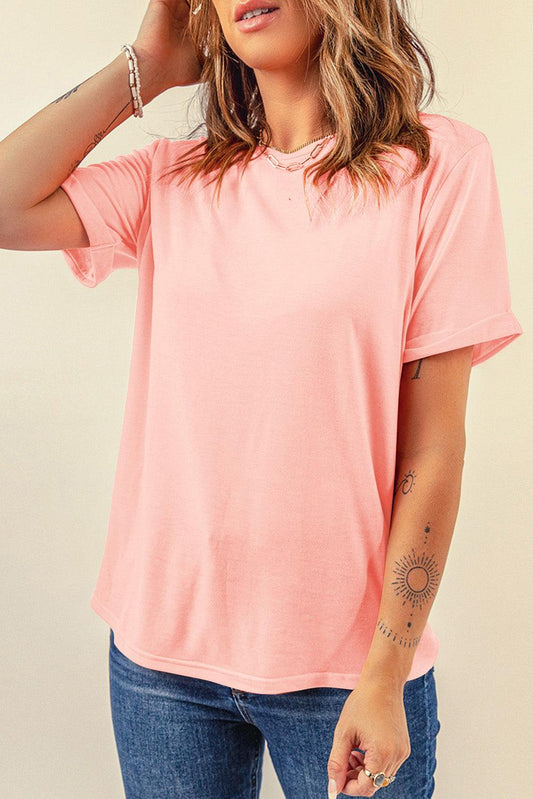 Pink Casual Plain Crew Neck Tee - L & M Kee, LLC