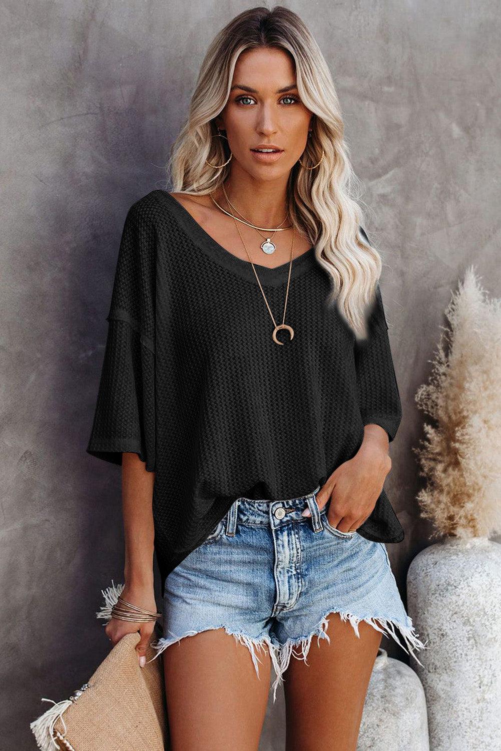 Waffle Knit Drop Shoulder Loose Top - L & M Kee, LLC