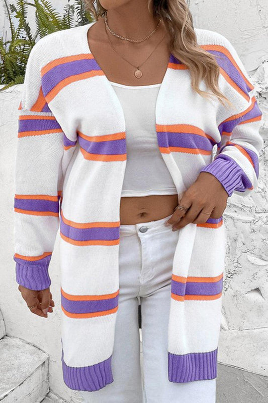 Beige Plus Size Striped Dropped Shoulder Sweater Cardigan - L & M Kee, LLC