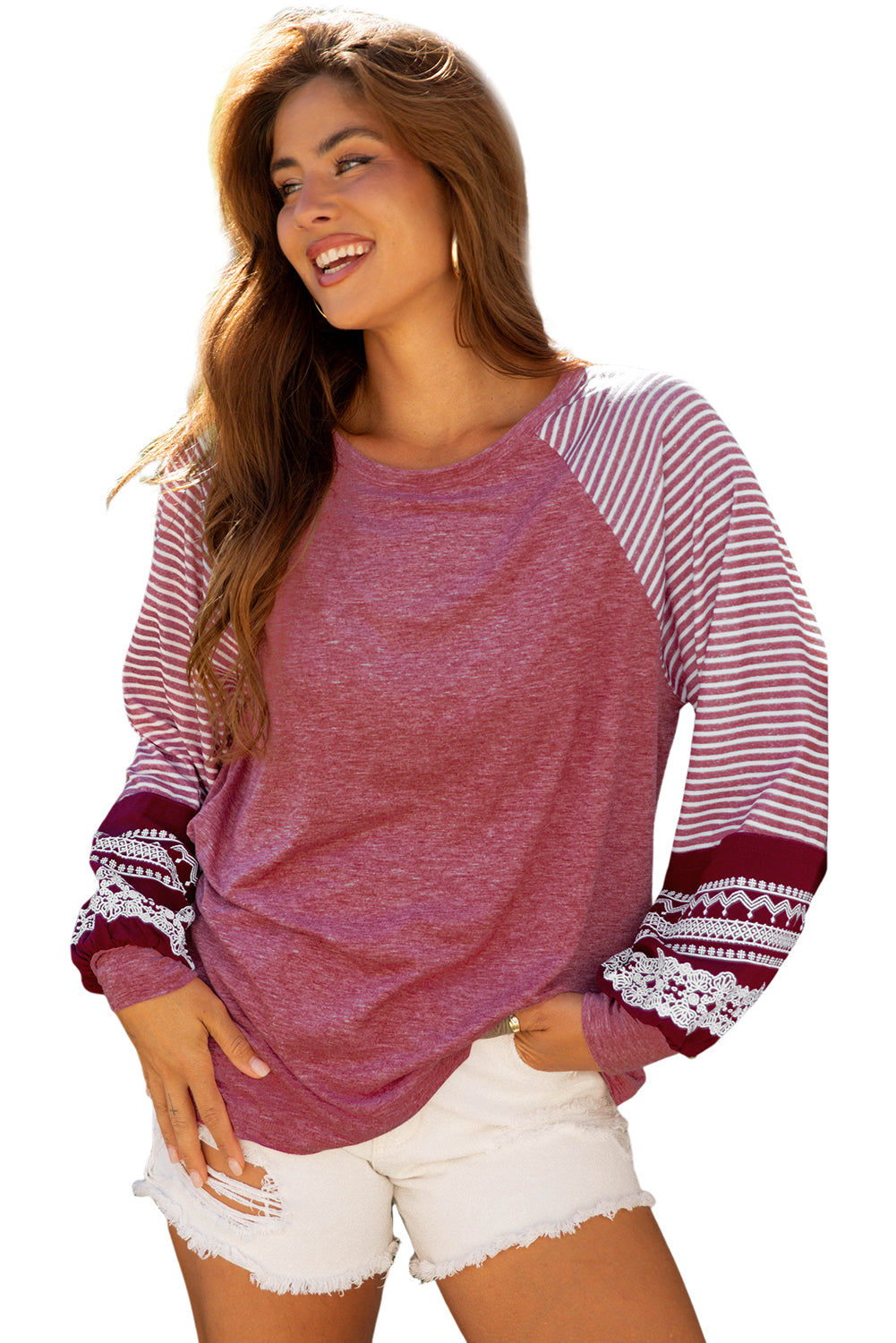 Mineral Red Contrast Print Striped Raglan Long Sleeve Loose Top