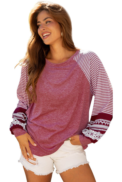 Mineral Red Contrast Print Striped Raglan Long Sleeve Loose Top