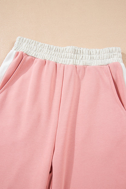 Rose Red 2pcs Color Block Pullover Loose Pant Set