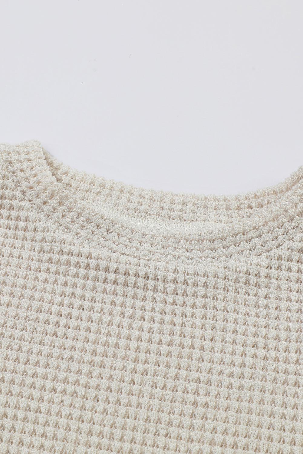 Beige Sunflower Mesh Bubble Sleeve Waffle Knit Top - L & M Kee, LLC