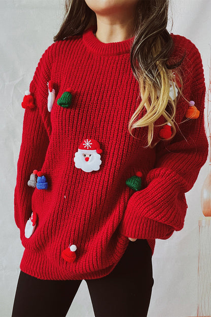 Racing Red Christmas Pattern Patched Rib Knit Knitted Sweater