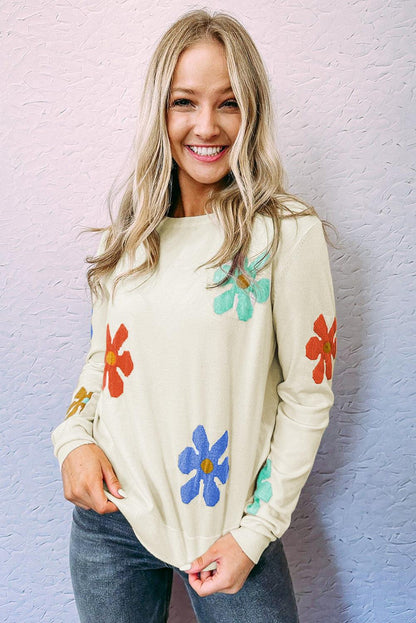 White Sweet Floral Pullover Sweater - L & M Kee, LLC