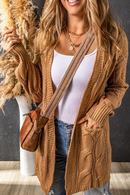 Khaki Ribbed Trim Eyelet Cable Knit Cardigan - L & M Kee, LLC