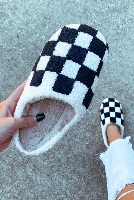 Black Checkered Print Fuzzy Slip On Winter Slippers - L & M Kee, LLC
