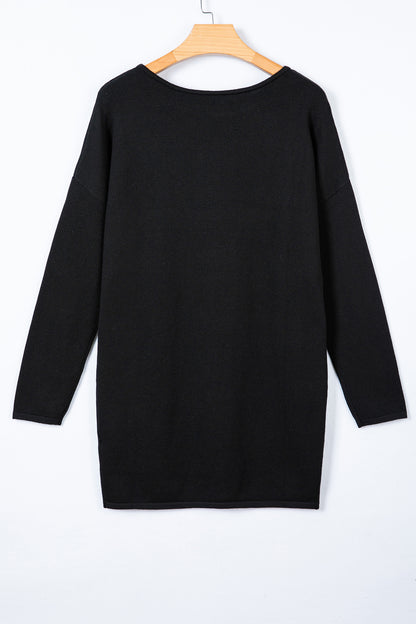 Black Asymmetric Neck Batwing Sleeve Shift Mini Sweater Dress