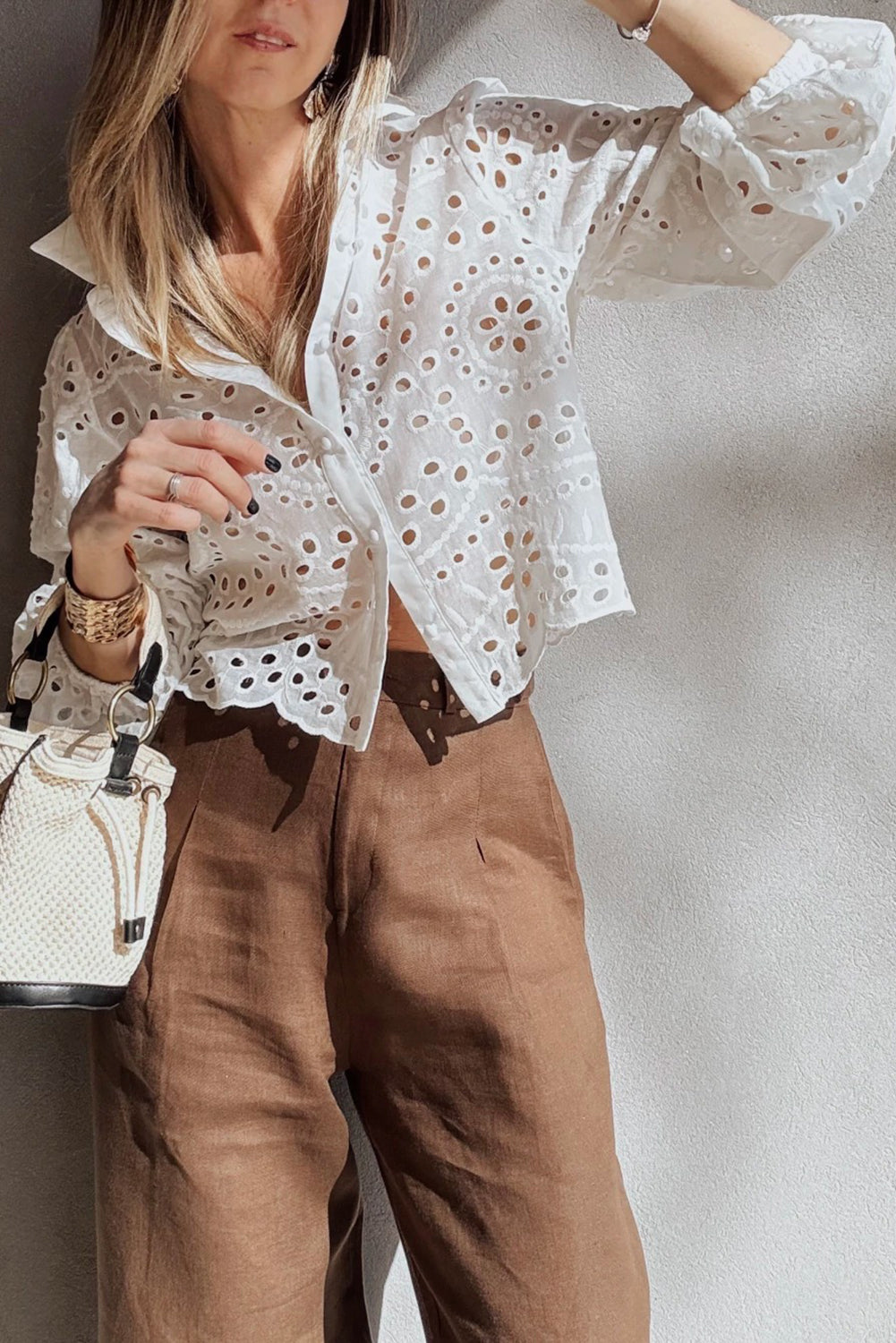 White Eyelet Embroidered Puff Sleeve Crop Shirt