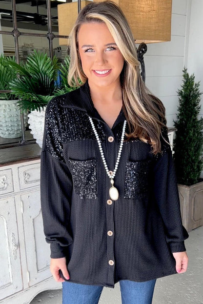 Black Sequin Patch Chest Pocket Corded Shacket - L & M Kee, LLC