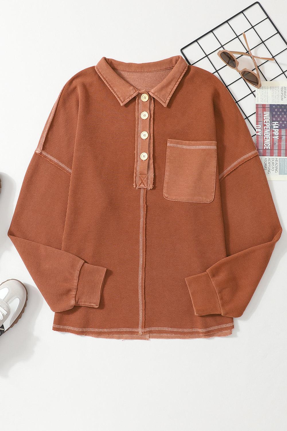 Chestnut Waffle Exposed Seam Pocket Henley Sweatshirt - L & M Kee, LLC